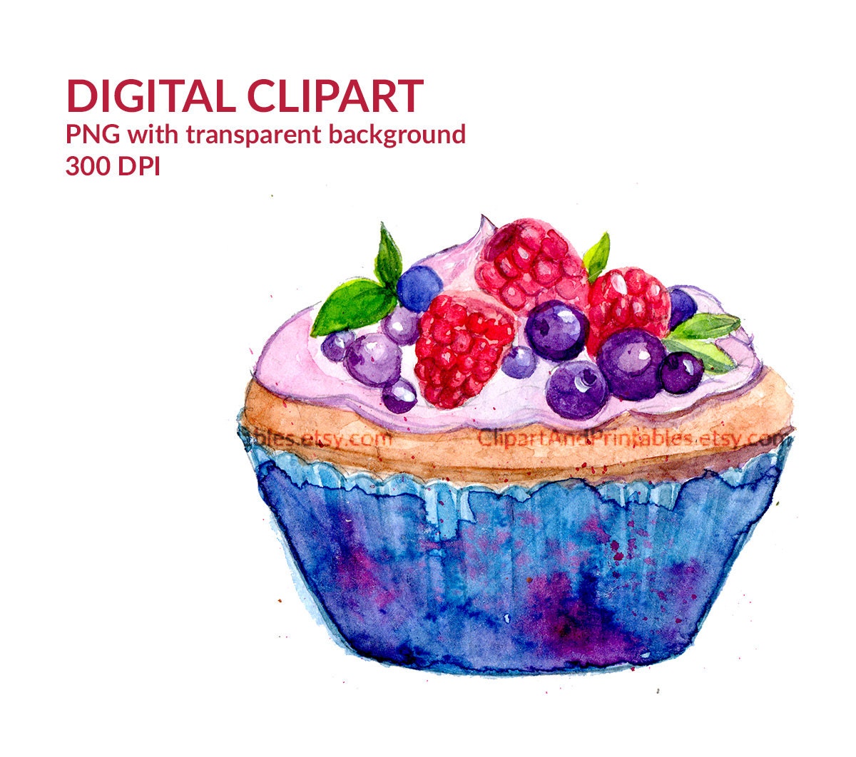 Cupcake with fruit topping. Digital clipart watercolor