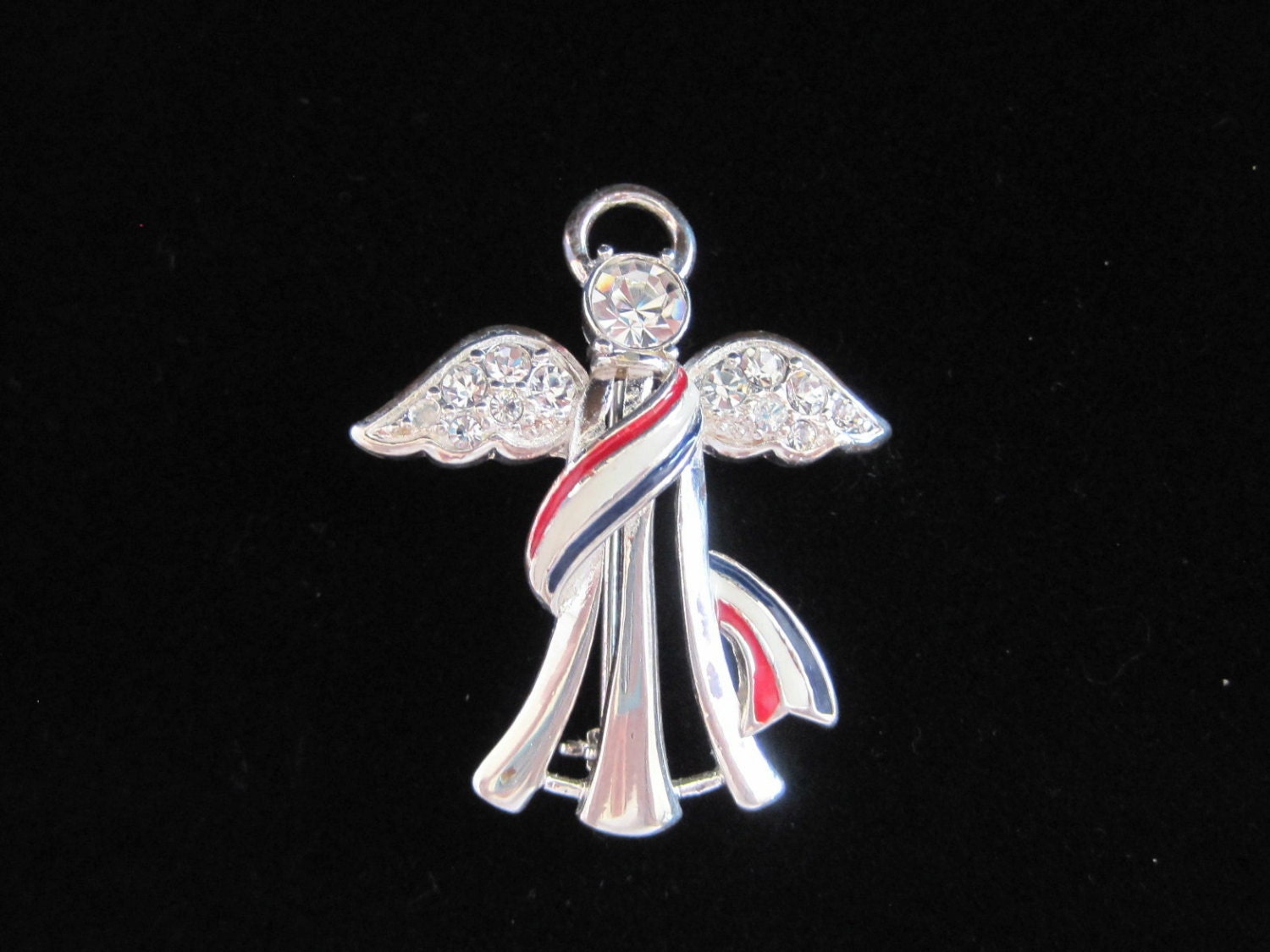 Vintage Guardian Angel Rhinestone Pin Enamel Red White Blue