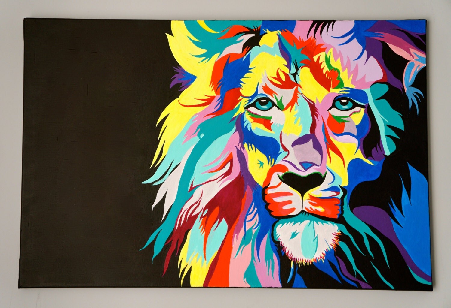 Painting acrylic portrait head lion multicolor canvas by Vanesart