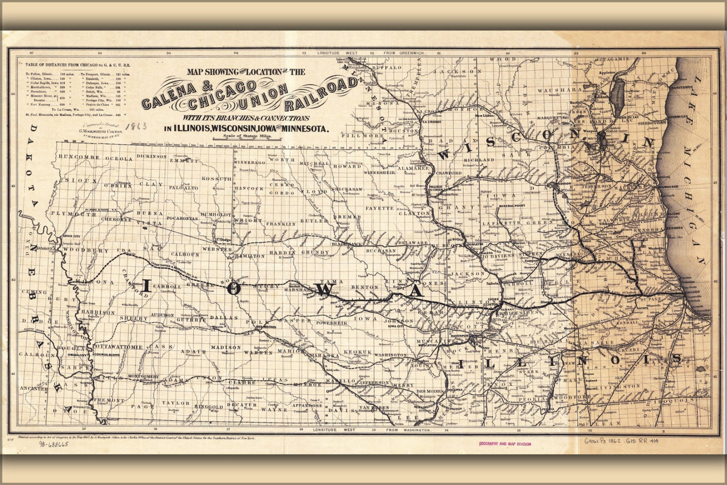 24x36 Poster 1862 Map Of The Galena And Chicago Union