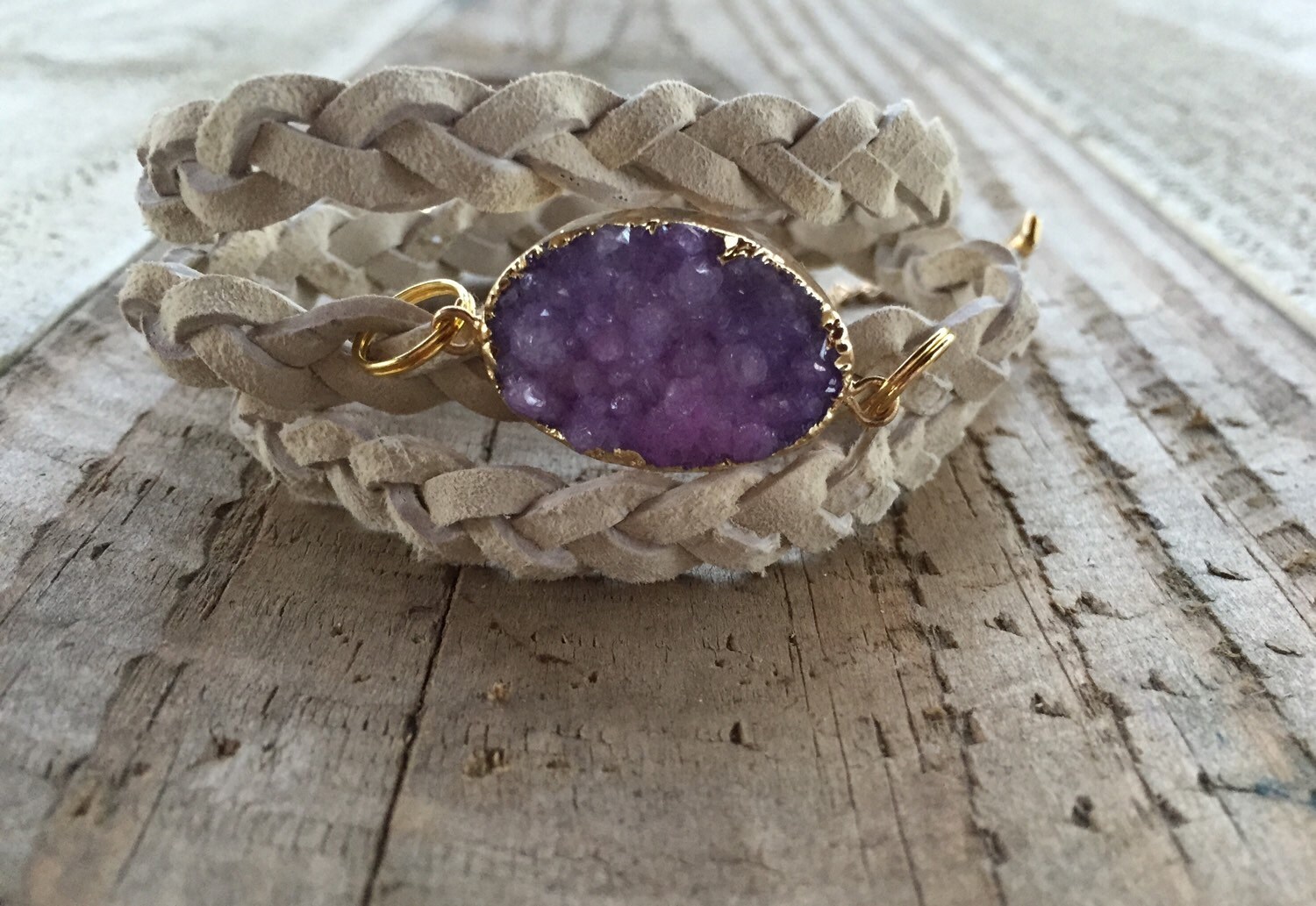 Handmade Braided Leather Lace Wrap Druzy Bracelet by Naurrlee