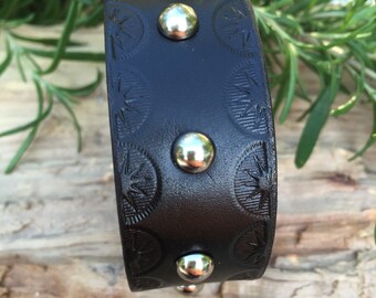 Hand Tooled Black Leather Cuff Bracelet, Silver Studs