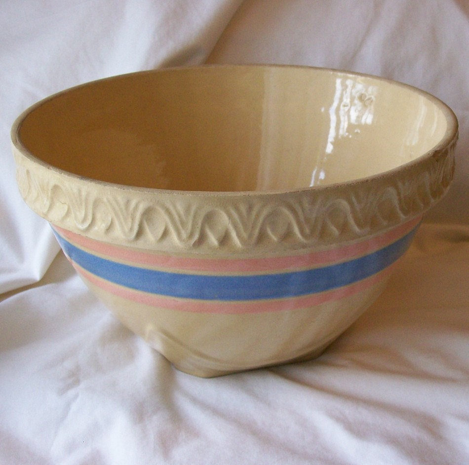 Vintage McCoy Pottery Pink And Blue Stripe Large Mixing Bowl