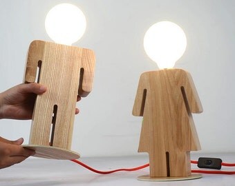 Handcrafted Wooden original Boy and Girl desk lamp Decorative lamp Night lamp Solid Wood lamp Vintage Decorative lamp