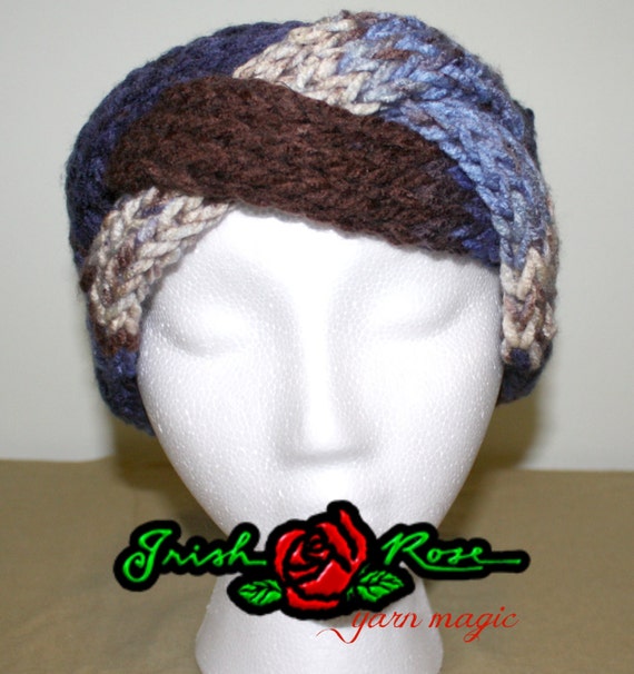 Headband Ear Warmer,Knit Winter Headband, Turban headband, Turban ear warmer,  Women's Knit Headband, Button Closure, brown, tan and blue