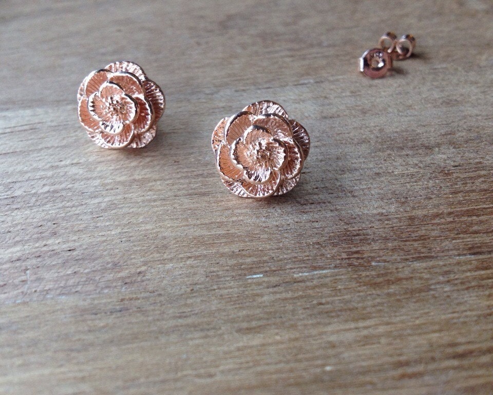 Rose stud earrings rose gold plated stud by MoonChildStuff on Etsy