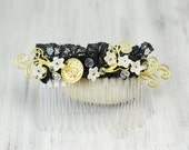 Black Lace Crystal Hair Comb, Prom Hair Accessories, White flowers hair comb, gold coin , Bridal Hair Piece, Baroque, Dolce Gabbana inspired