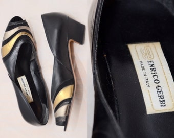Enrico Gerbi Leather Pumps Vintage Shoes Black Gold Made in Italy Women’s Italian Pumps Dress Shoes Size 6.5 B Leather Sole Leather Upper