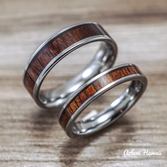 Wedding Band Set of Tungsten Rings with Hawaiian Koa Wood Inlay (4mm ...