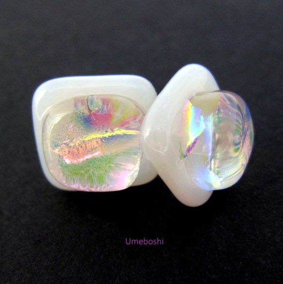 Dichroic Glass Post Jewelry Earrings in White and Iridescent Rainbow Squares Sterling Silver Post "Moonshine" Handmade Studs