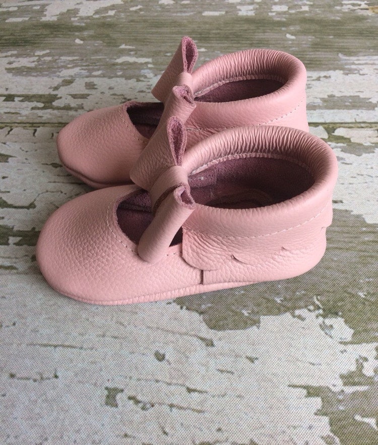 Pink Leather Baby Moccasins Mary Janes with by WanderingSolesMoccs