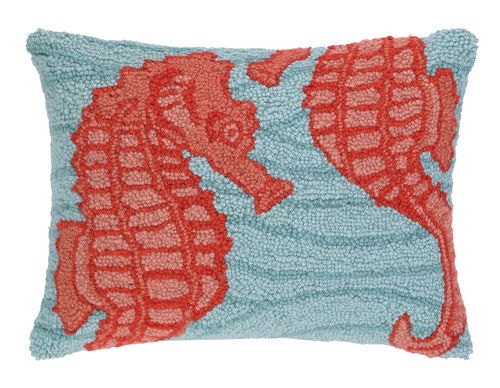 Blue Ocean Seahorse Hand-Hooked Beach Pillow
