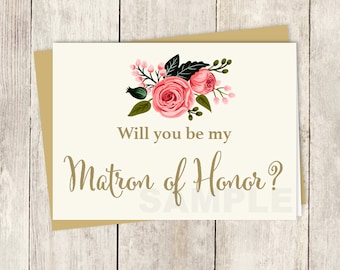 Be My Matron of Honor // Will You? // Wedding Card DIY // Watercolor Flower // Gold Calligraphy, Rose // Printable PDF ▷ Instant Download