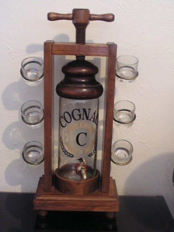 Wood and glass Liquor dispenser with vice and shot glasses