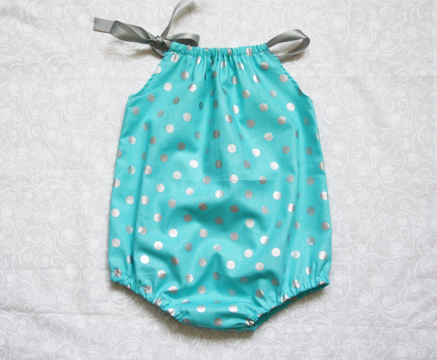 Teal w/ Metallic Grey Polka dots Baby Girl Romper