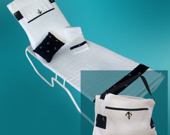 Lounge chair cover. Converts to a beach or pool tote bag! Fits most chaise lounges. Includes pillow, pat-dry towel, and 2 storage pockets.