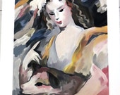 Woman and dog, woman portrait, Marie Laurencin, antique engraving of interpretation, gilded youth girl, Animal, pets, French, vintage, Woman and dog, woman portrait, Marie Laurencin, antique engraving of interpretation, gilded youth girl, Animal, pets, French, vintage,