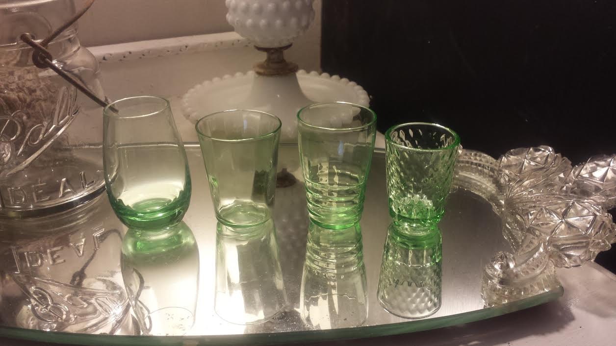 vintage green depression glass shot glasses