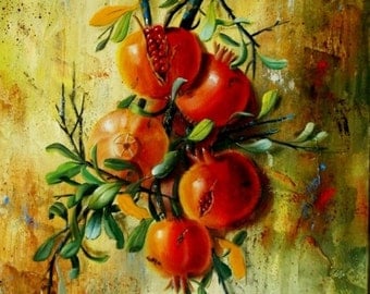 Pomegranates Still Life Painting, Original Oil painting on canvas by By Chris Art -Wall hanging Size:11.8x19,7in 30x50cm