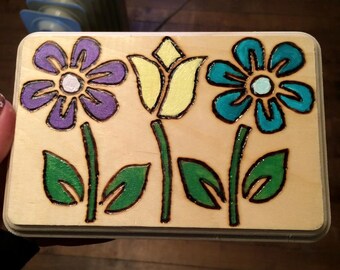 Handmade Flower Woodburning With a Splash of Color