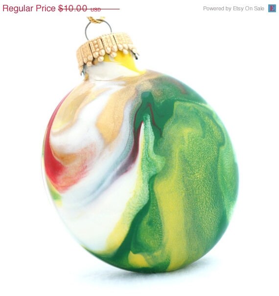 SALE Handmade Christmas Disc Ornament Painted Inside OOAK Red Green Yellow Holiday Decor