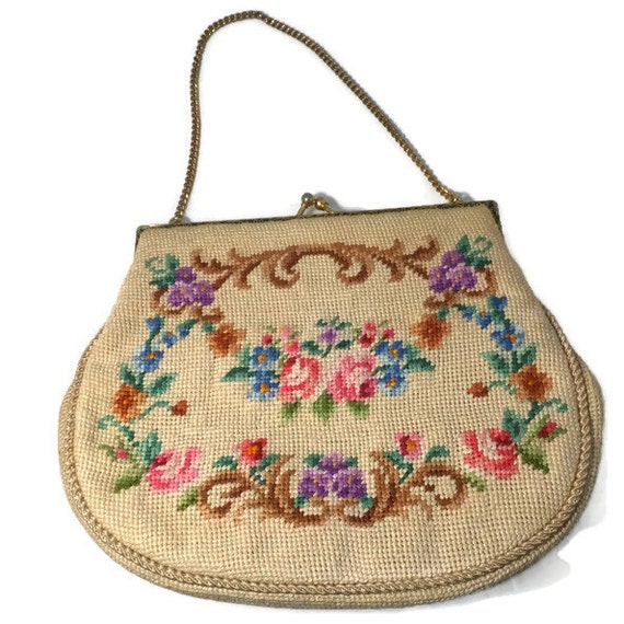 Vintage Needlepoint Purse Floral Handbag Goldtone Chain