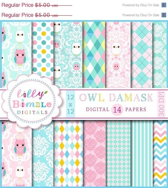 50% off Owl Damask digital papers scrapbooking cards pastel baby paper pack DIGITAL DOWNLOAD Il_570xn