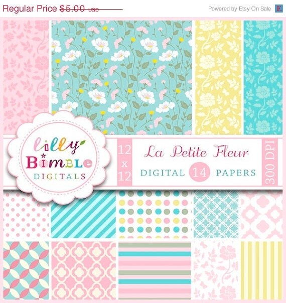 50% off Floral Digital Scrapbook Papers for cards, invites Commercial Use included La Petite Fleur pastel colors, roses, pink, pale Il_570xn