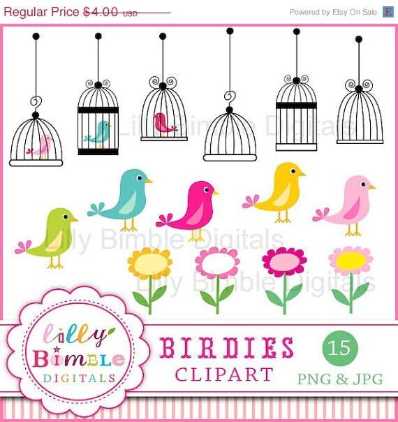 50% off Bird clipart birdcages, whimsical cute bright birds clip art images BIRDIE instand download Il_570xn