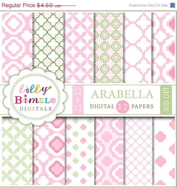 50% off Pink and green quatrefolil digital papers modern baby scrapbooking INSTANT DOWNLOAD Arabella Il_570xn