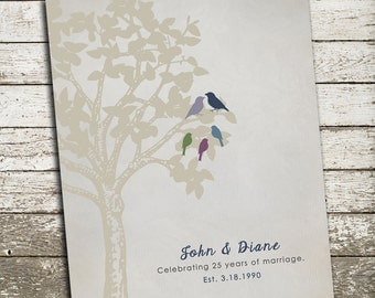 25th Anniversary Gift for Parents - Silver Gift - Personalized Family Tree Print with Birds - Custom Art