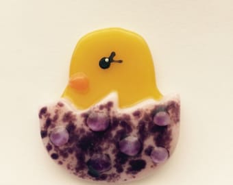 Fused Glass Chick-n-Egg Brooch Pin