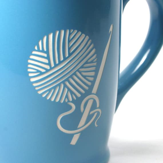 Crochet Yarn Mug Sky Blue coffee cup by BreadandBadger on Etsy