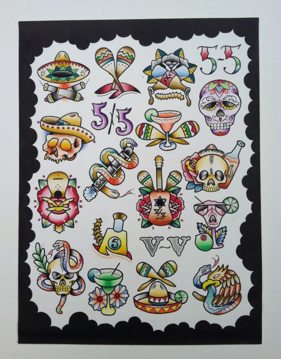 Items similar to SALE Cinco de Mayo tattoo flash sheet on Etsy