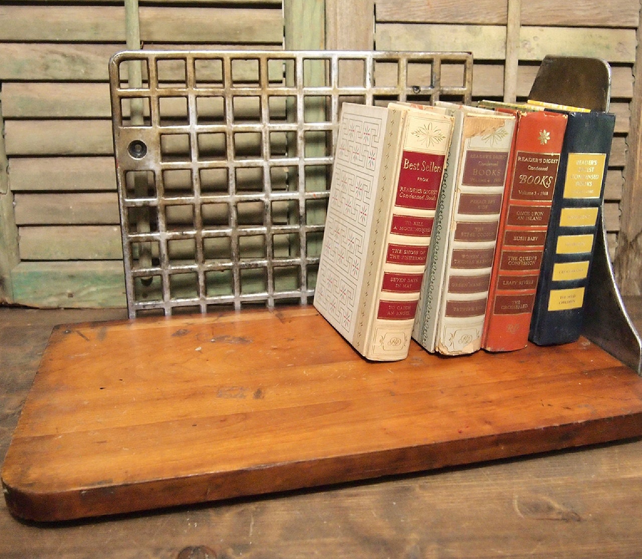Unique and unusual Vintage Industrial Wood and metal shelf paper