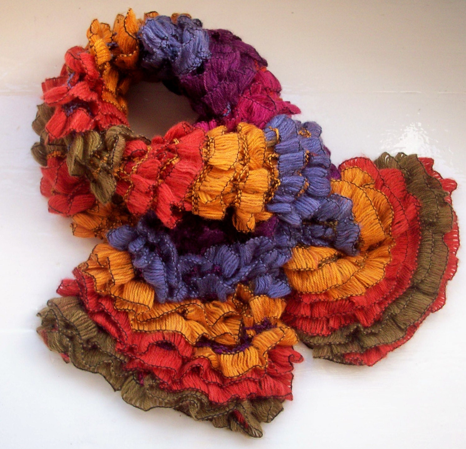 Ruffle scarf soft knit vegan fun novelty yarn spice