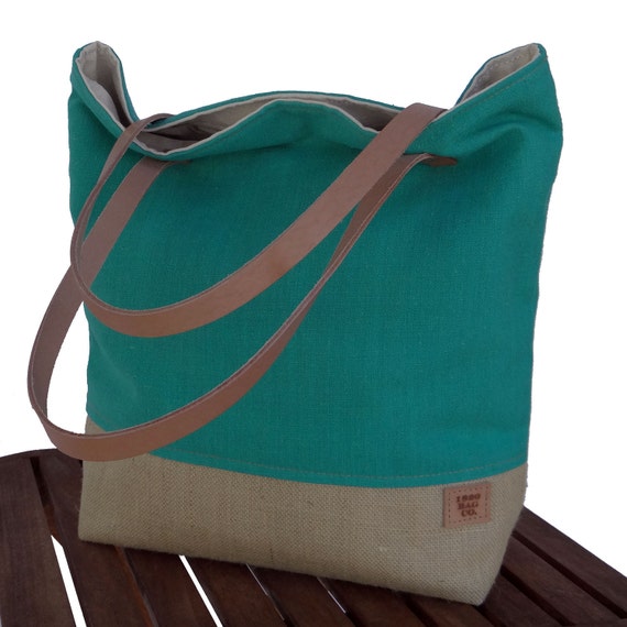 Tote Beach Bag, Large Teal Tote, Market Tote, Burlap Beach Bag, Summer ...