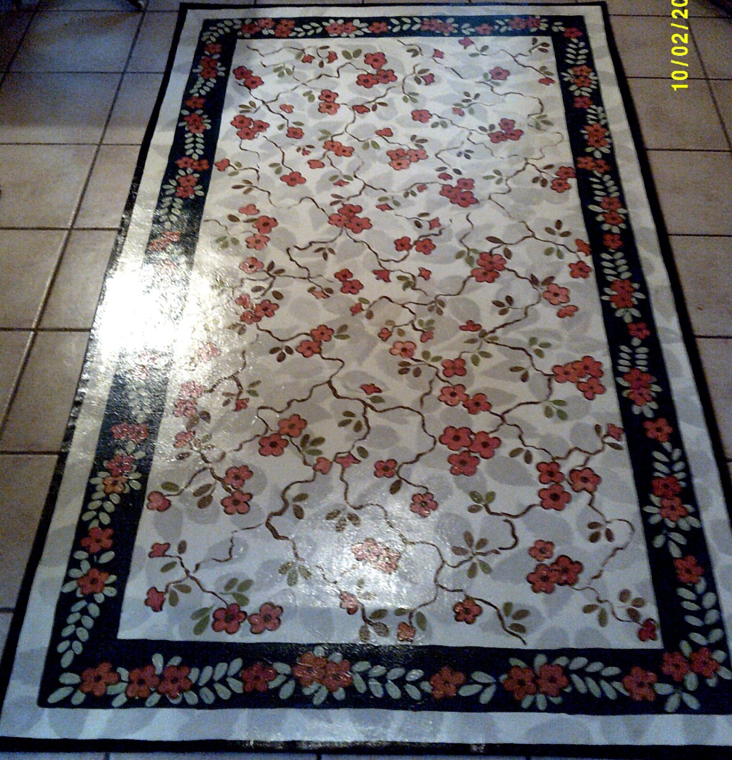 FLOORCLOTH / Hand Painted Rug 4' x 6' Floral