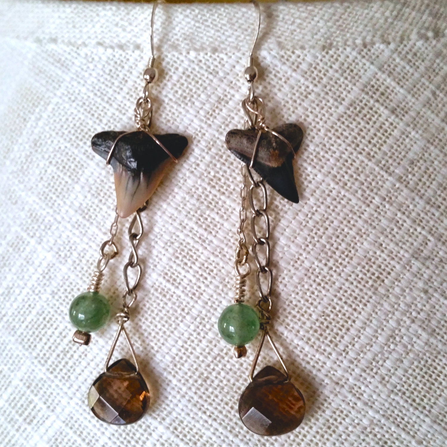 Fossilized shark tooth earrings with smoky quartz