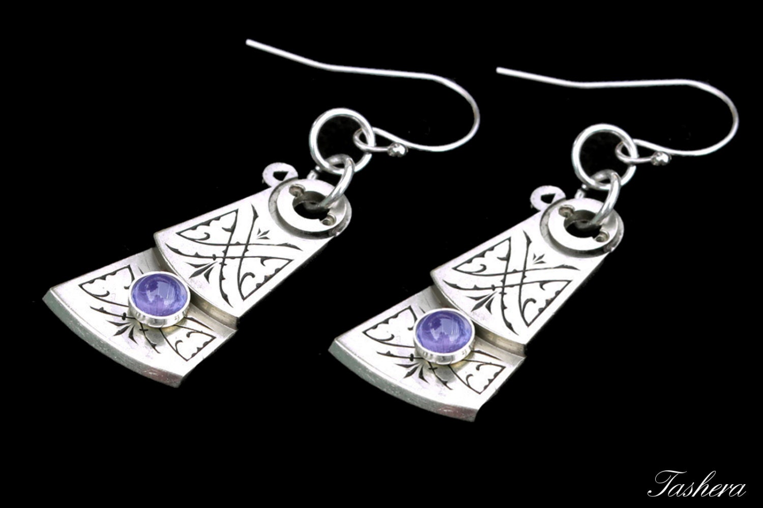 White Gold Earrings, Tanzanite Earrings, Steampunk Gemstone Earrings, Balance Cock, Clockwork Earrings, Antique, Etched, Luxury, Wedding