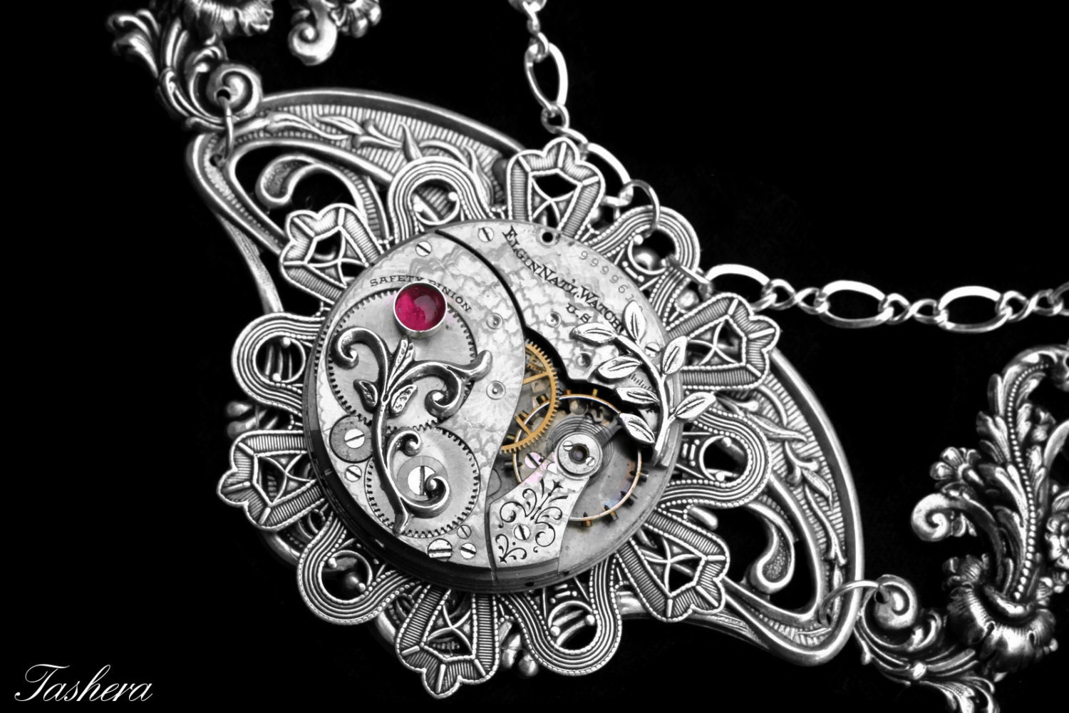 Steampunk Filigree Necklace, Pink Tourmaline Necklace, Floral Necklace, Art Nouveau, Sterling Silver, Gemstone, Steampunk Luxury Wedding