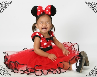 red MINNIE MOUSE dress with TUTU Party Dress in Red Polka Dots with black dress 1st Birthday party