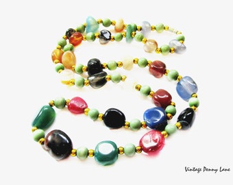 Vintage Beaded Necklace, Polished Gemstone Beads