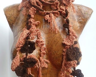 Variegated V scarf, freeform crochet lariat, extra long fiber art scarf brown bohemian, Coachella, romantic boa, statement, fashion, tassels