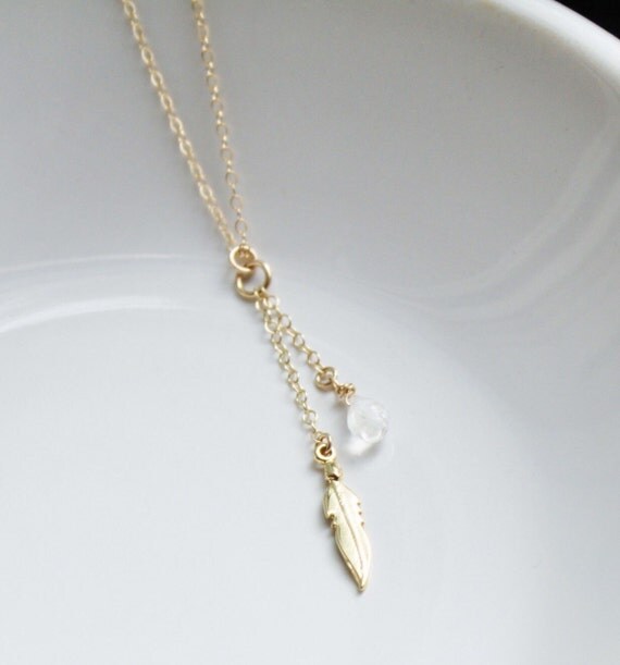 Gold Feather Necklace Gold Lariat Necklace Gold Y by TheSilverWren