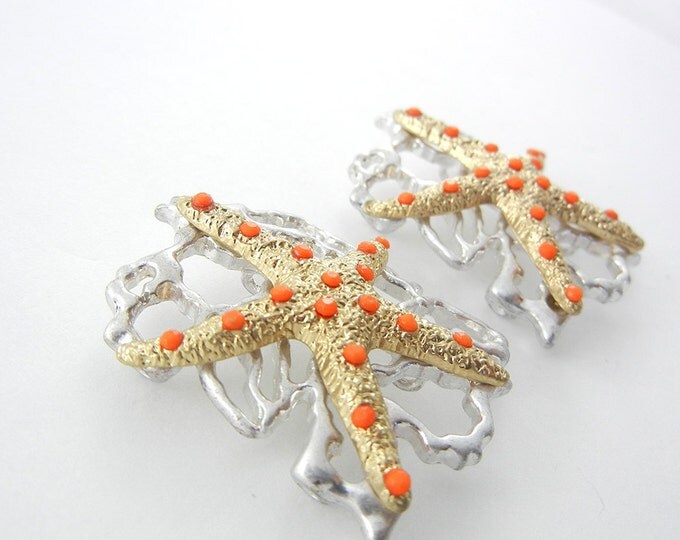 Pair of Two-tone Marine Starfish Slide Charms with Tiny Acrylic Coral Cabochons