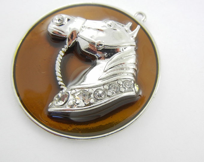 Round Silver-tone Horse Pendant with Brown Epoxy and Rhinestones