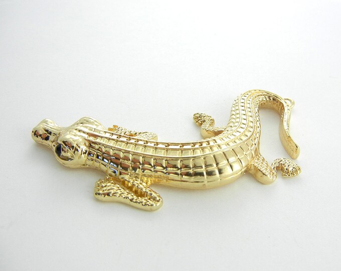 Large Gold-tone Textured Alligator Pendant Black Rhinestone Eyes