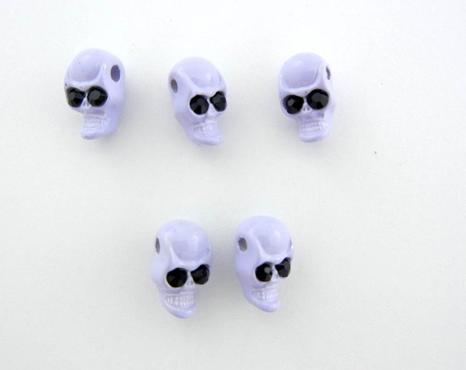 Set of 5 Small Lavender Painted Metal Skull Beads with Black Rhinestone Eyes