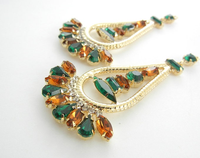 Pair of Gold-tone Drop Charms with Green and Topaz Faceted Gems